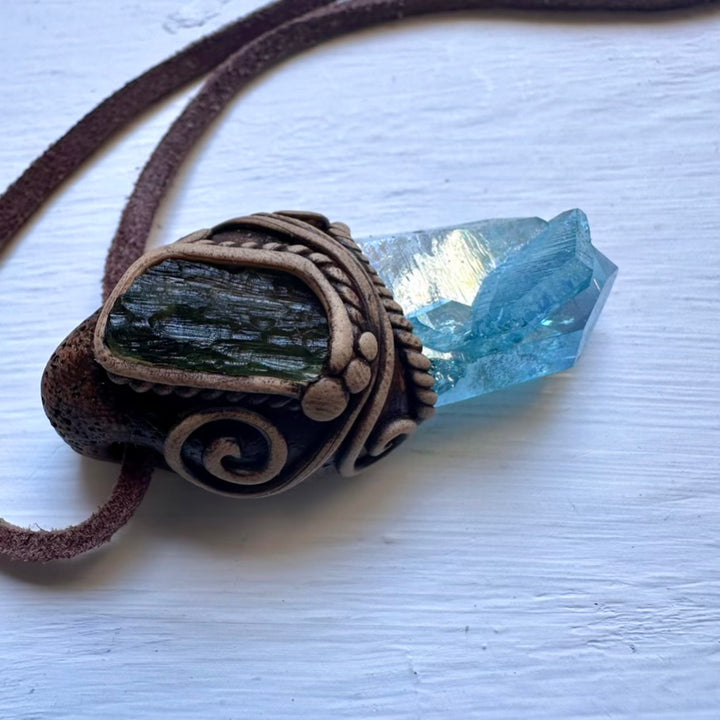 Aqua Aura Quartz and Moldavite Pendant Necklace - FairyGardenGlow