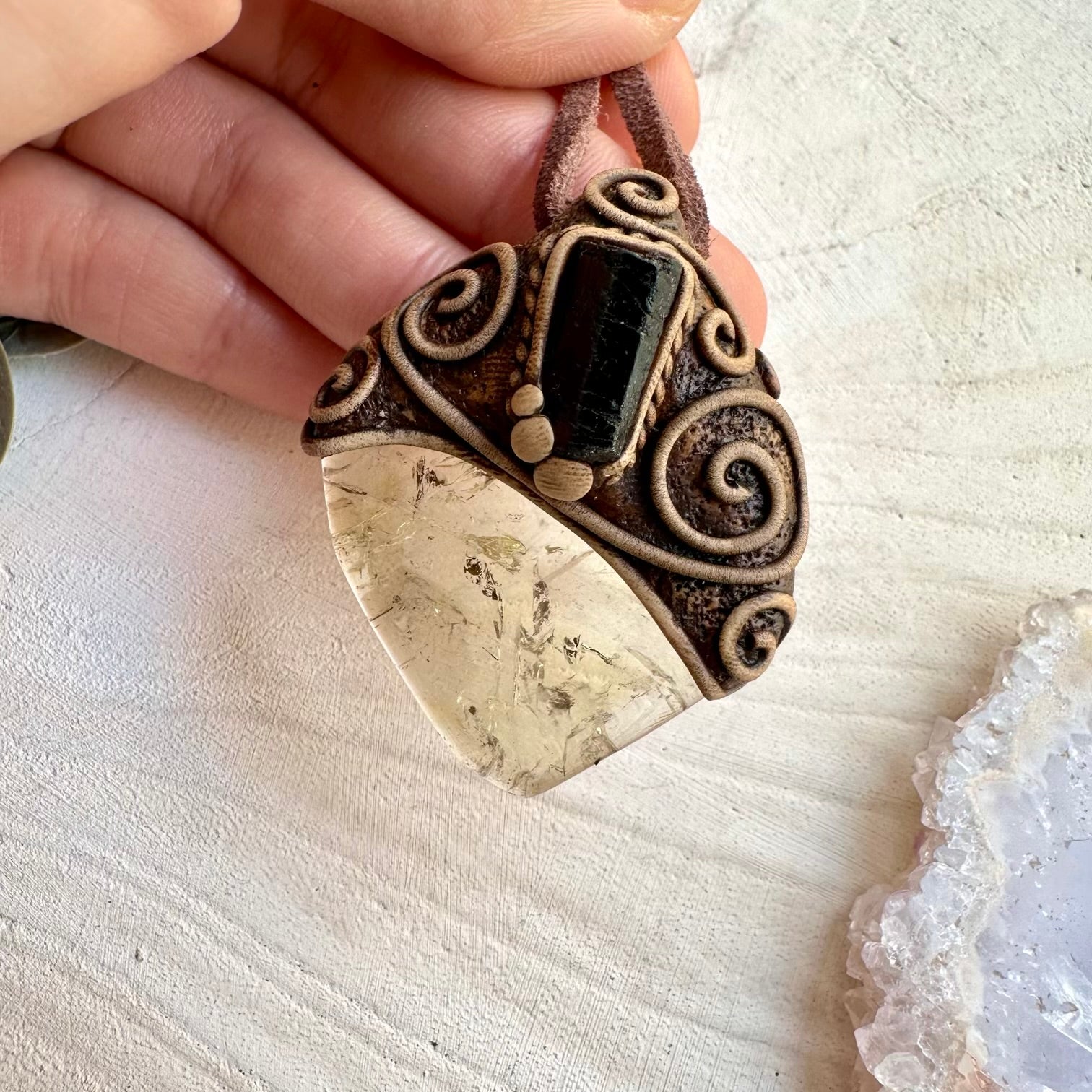 Polished Citrine and Black Tourmaline Necklace