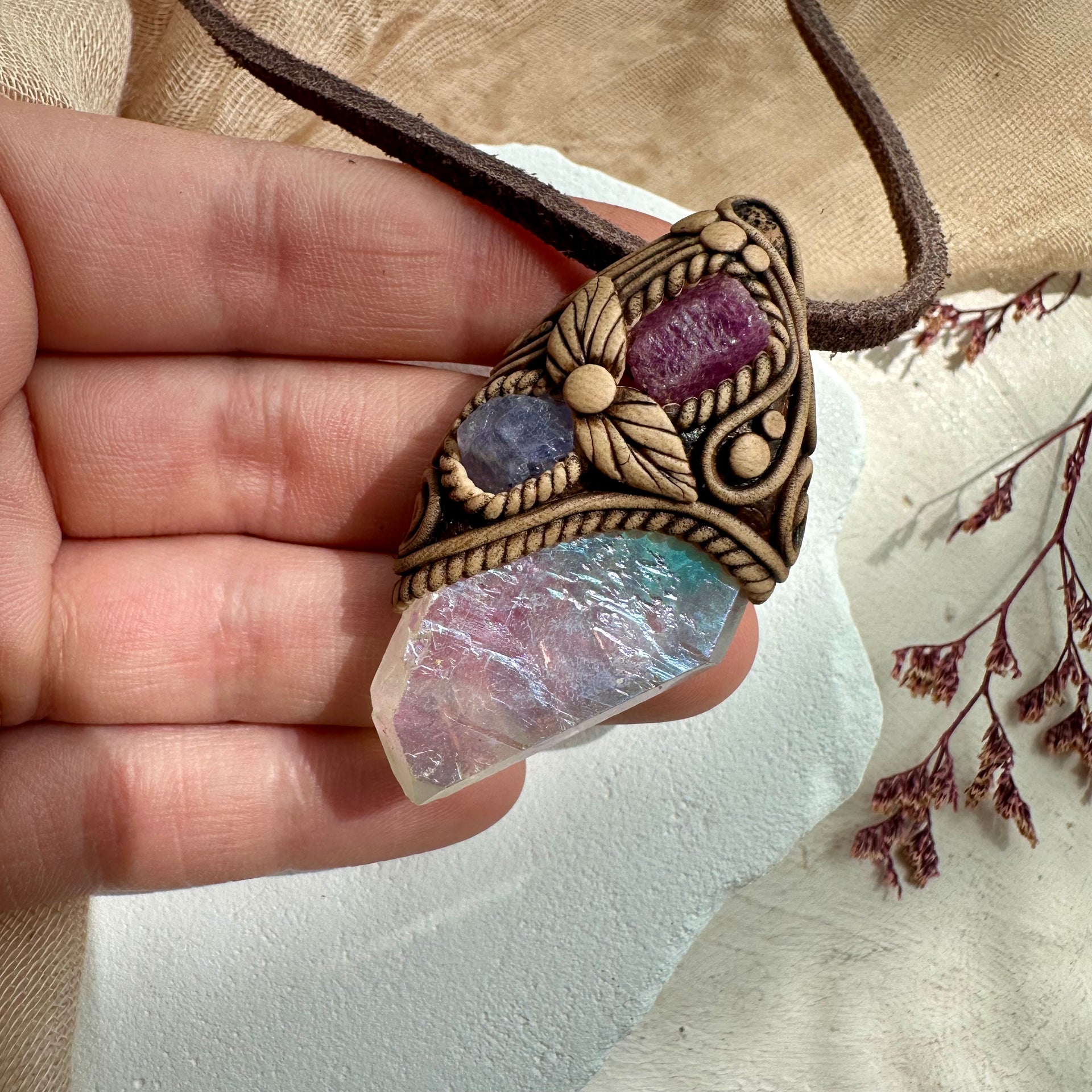 Angel Aura Quartz Ruby and Tanzanite Pendant