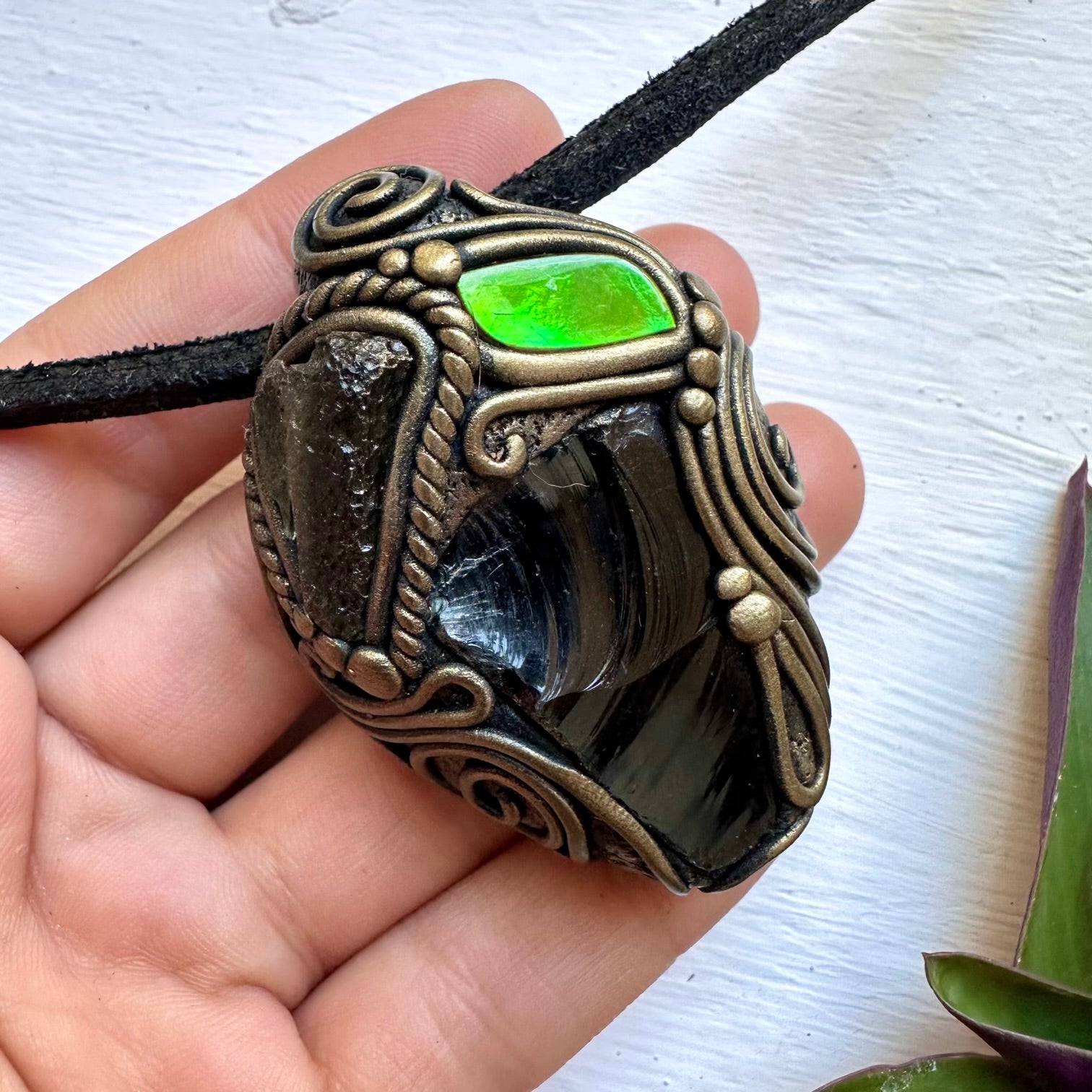 Black Obsidian Raw Moldavite and Green Ammolite Necklace, Healing Crystal Jewelry