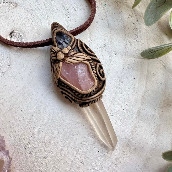 One of a kind lemurian quartz and tanzanite gemstone necklace