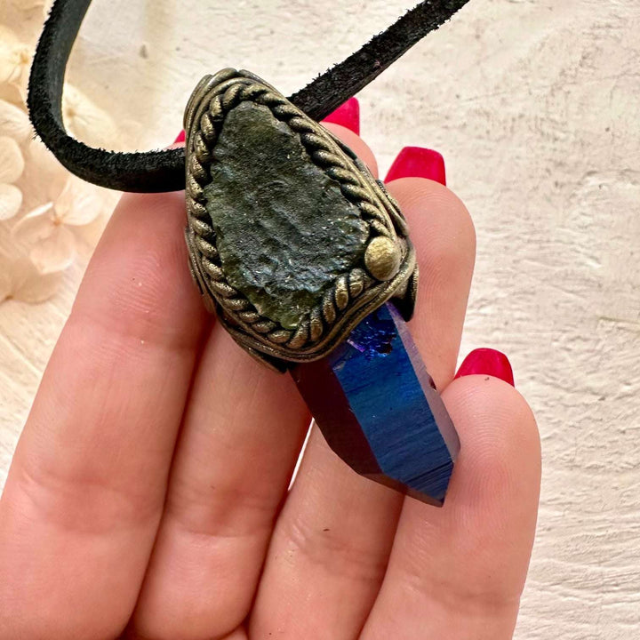 Raw Moldavite and Cobalt Aura Quartz Pendant Necklace - FairyGardenGlow