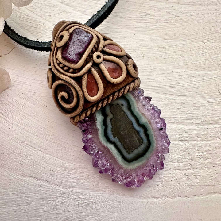 Amethyst Stalactite Ruby and Pink Tourmaline Handmade Crystal Necklace - FairyGardenGlow