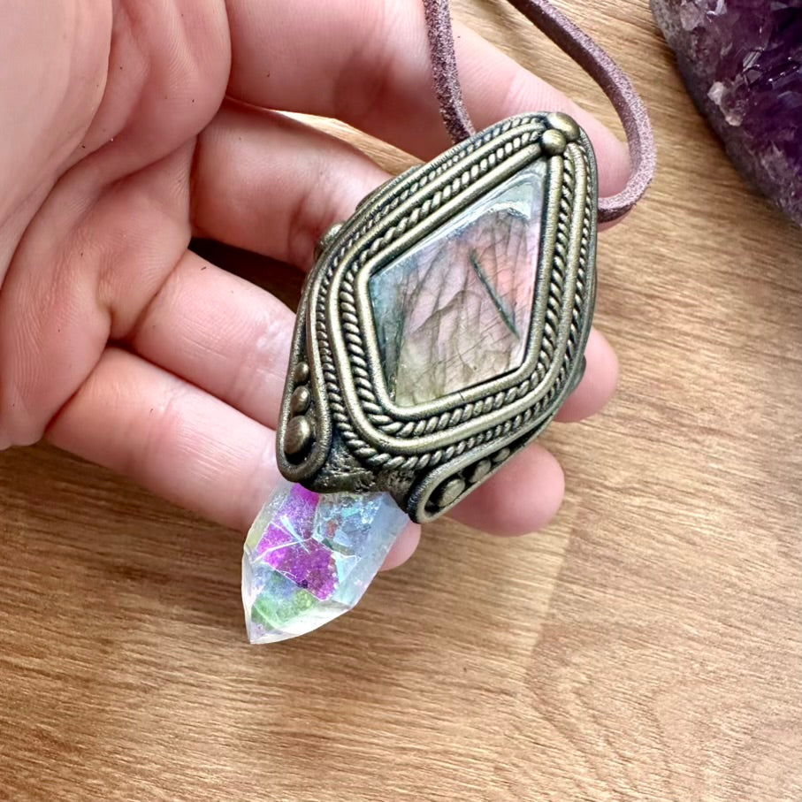 Labradorite and Angel Aura Quartz Pendant Necklace, Unique Handmade Jewelry - FairyGardenGlow