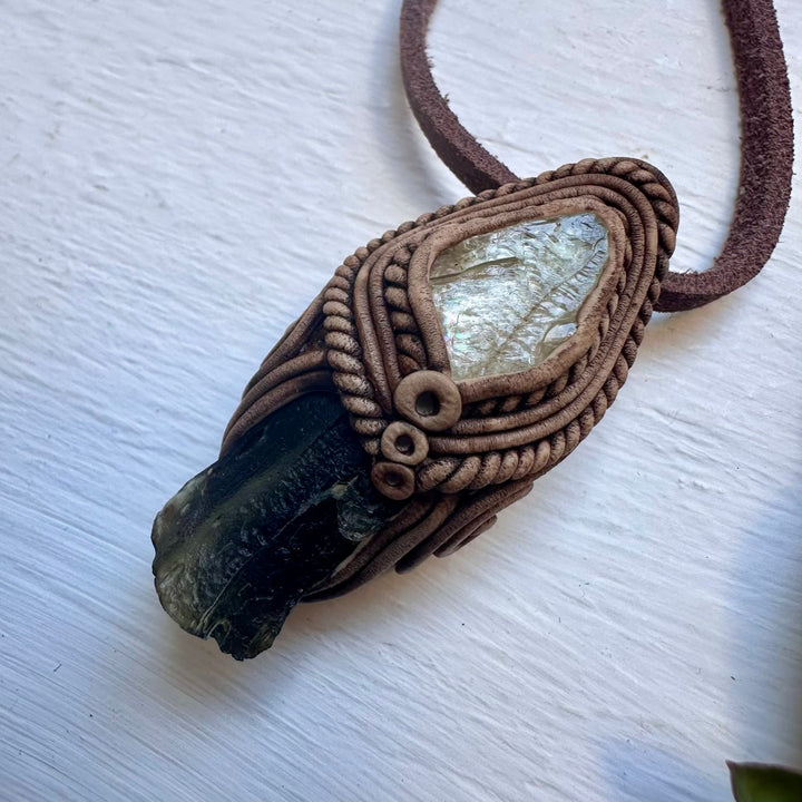 Moldavite and Hiddenite Pendant Necklace - FairyGardenGlow