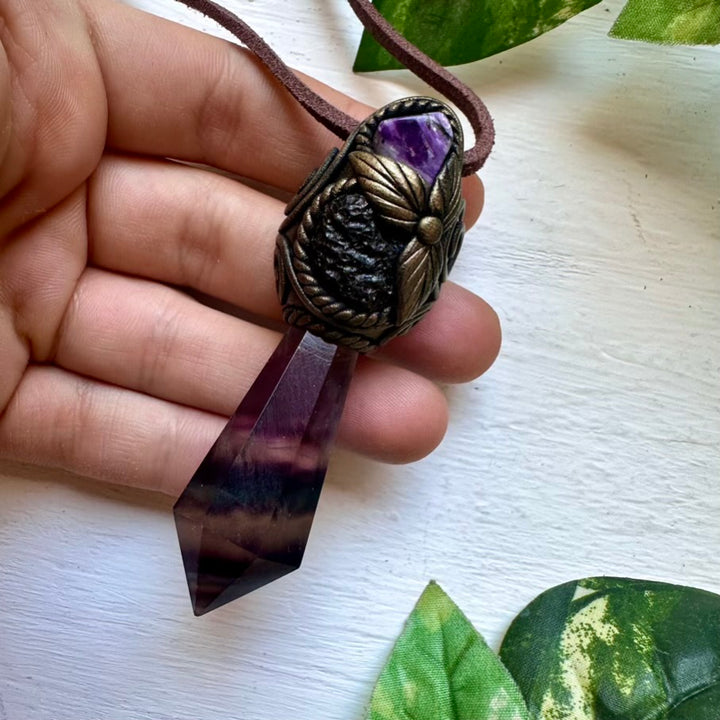 Rainbow Fluorite Moldavite and Charoite Healing Crystal Talisman - FairyGardenGlow