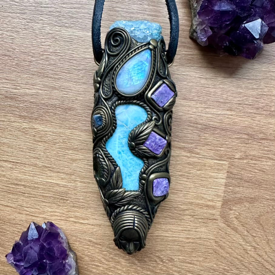 Larimar, Aqua Aura Quartz, Charoite, Rainbow Moonstone, Blue Sapphire and Moldavite Goddess Healing Crystal Talisman / Unique Handmade Wand-Pendant - FairyGardenGlow