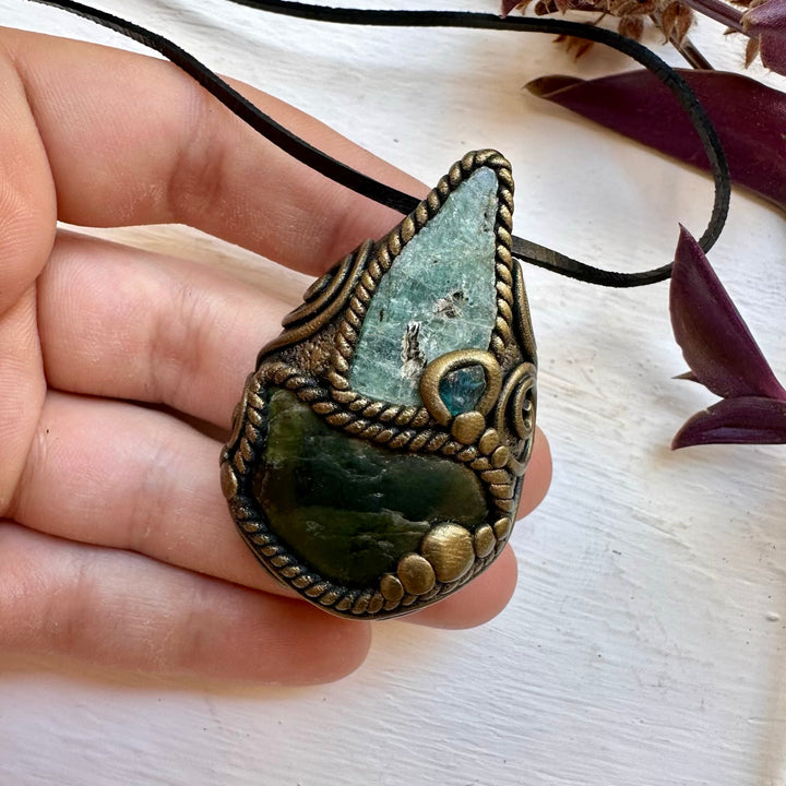 Nephrite Green Kyanite and Raw Blue Apatite Pendant Necklace - FairyGardenGlow