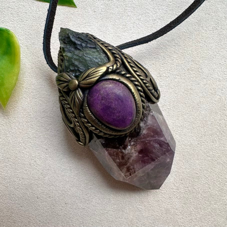 Super Seven Quartz with Purpurite and Moldavite Pendant Necklace - Crystal Wand - FairyGardenGlow