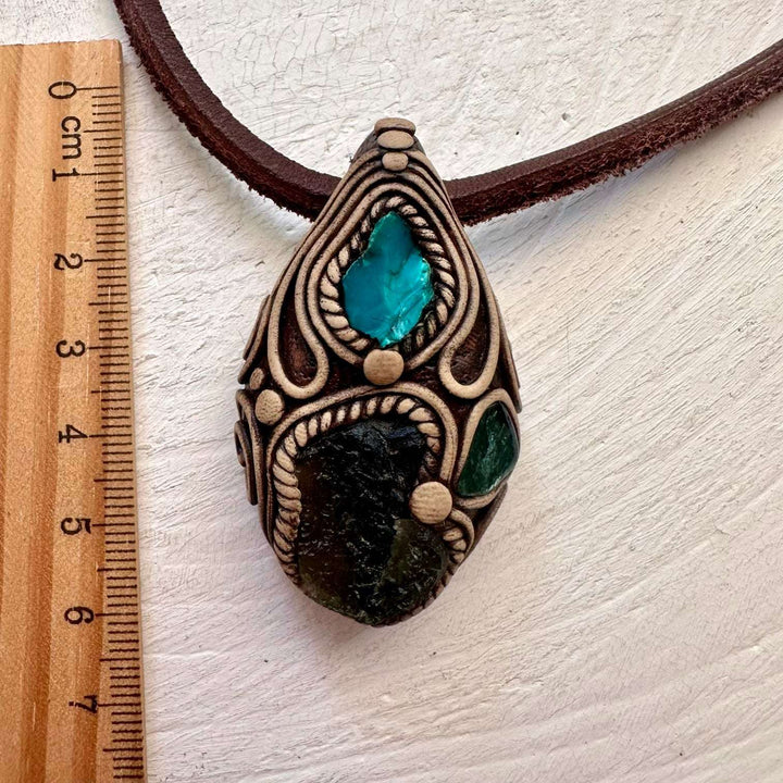 Moldavite Green Tourmaline and Chrysocolla Necklace - FairyGardenGlow