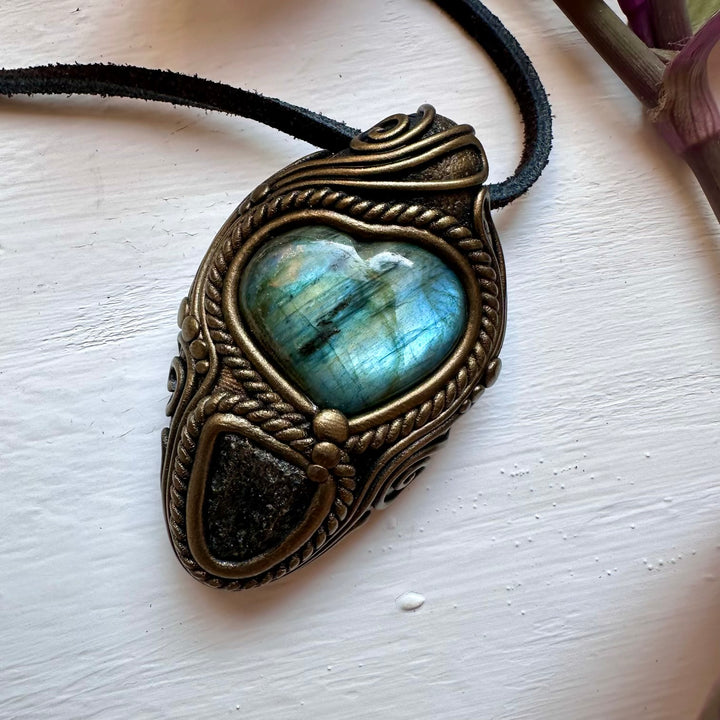 Labradorite Heart and Moldavite Necklace - FairyGardenGlow