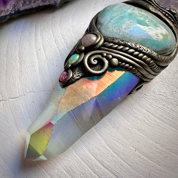Angel Aura Lemurian Quartz Spirit Quartz Caribbean Calcite Heart Morganite Opal Spinel and Ruby Wand - FairyGardenGlow