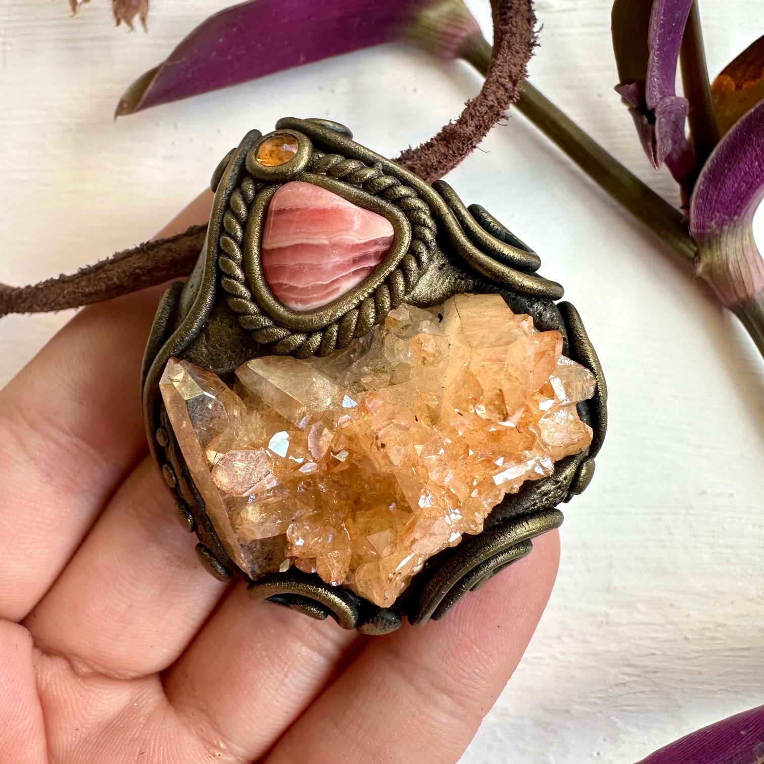Tangerine Aura Quartz Cluster Rhodochrosite and Imperial Topaz Necklace - FairyGardenGlow