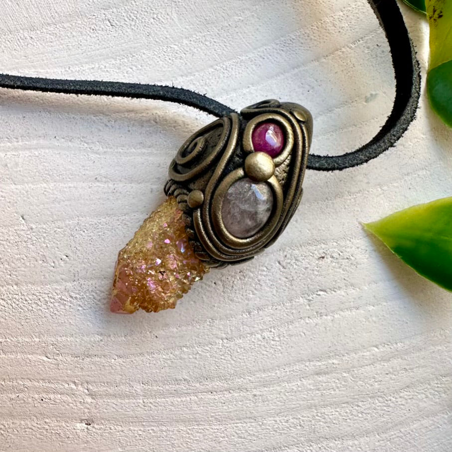 Sunset Aura Spirit Quartz Ruby and Morganite Pendant Necklace