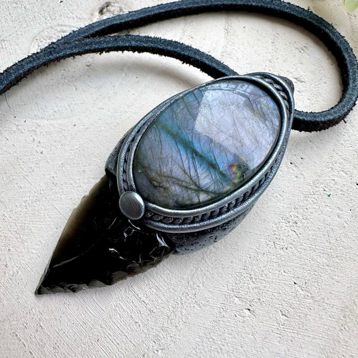 One of a kind obsidian and labradorite gemstone necklace unisex