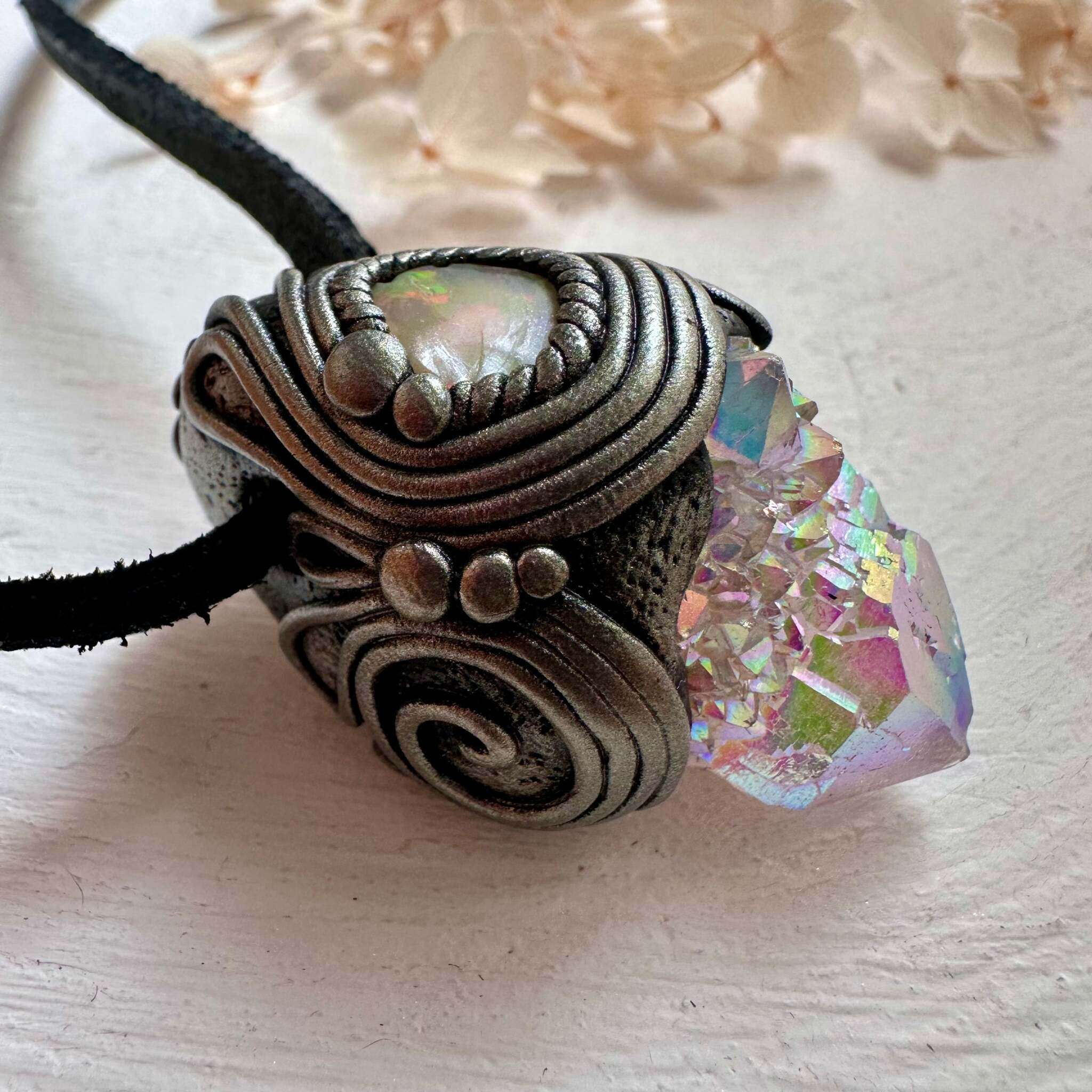 Angel Aura Spirit Quartz and Raw Opal Necklace - FairyGardenGlow