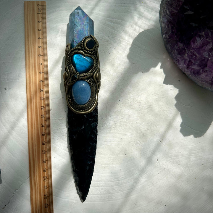 Black Obsidian Arrowhead with Aqua Aura Quartz Labradorite Heart Angelite and Smoky Quartz and Black Onyx Wand - FairyGardenGlow