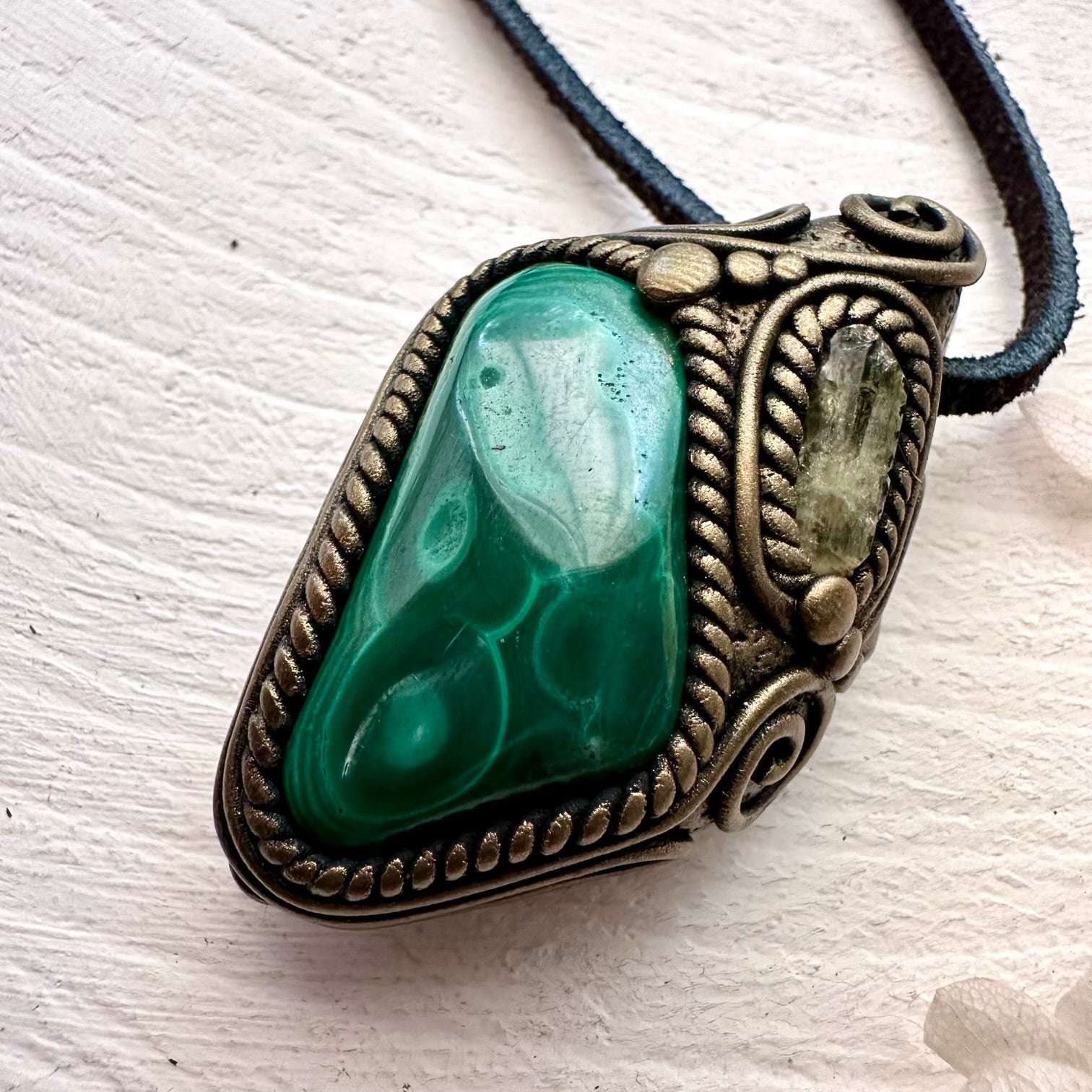 Malachite and Brazilianite Pendant Necklace - FairyGardenGlow
