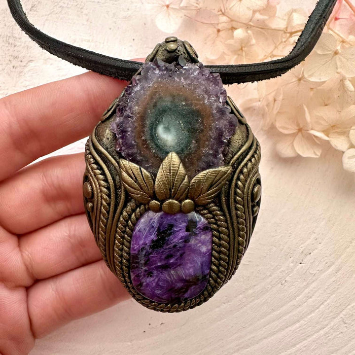 Charoite and Amethyst Stalactite Necklace - FairyGardenGlow