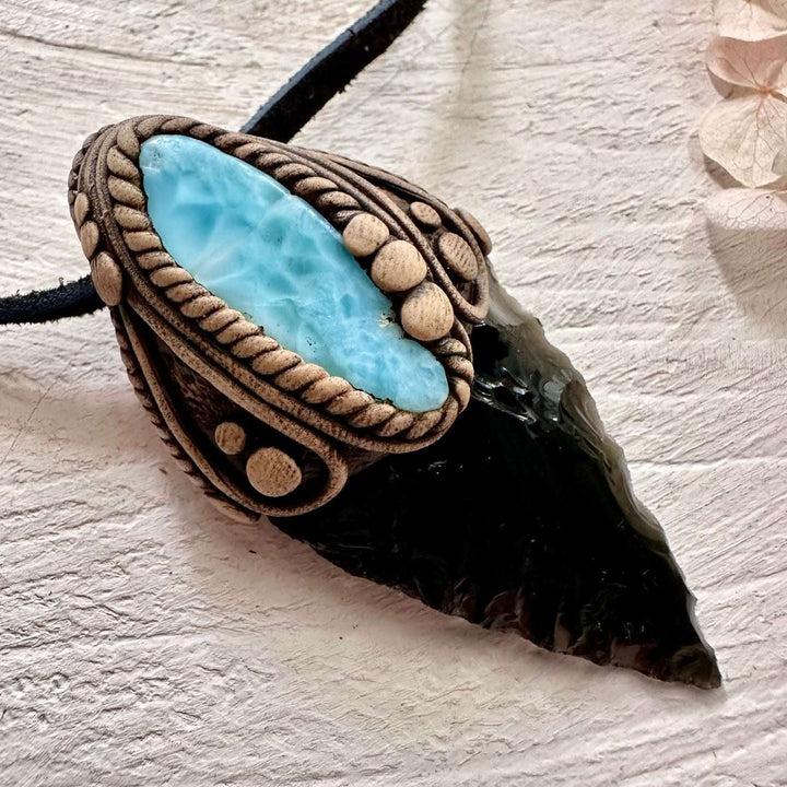Black Obsidian Arrowhead and Larimar Necklace - FairyGardenGlow