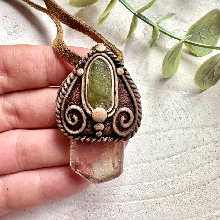 Premium artisan healing stone necklace with golden Citrine and green Peridot gemstones.