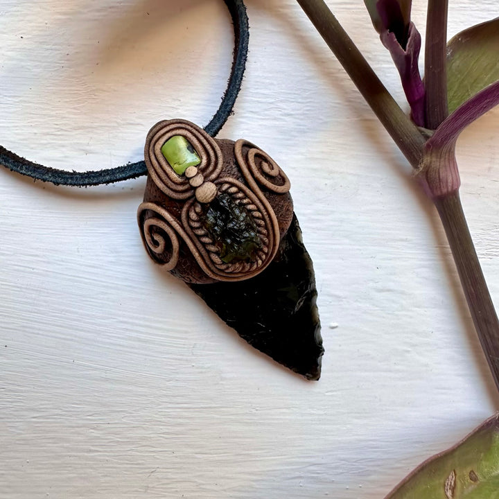 Black Obsidian Arrowhead Moldavite and Tibetan Turquoise Pendant Necklace - FairyGardenGlow