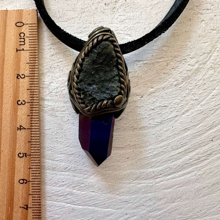 Raw Moldavite and Cobalt Aura Quartz Pendant Necklace - FairyGardenGlow