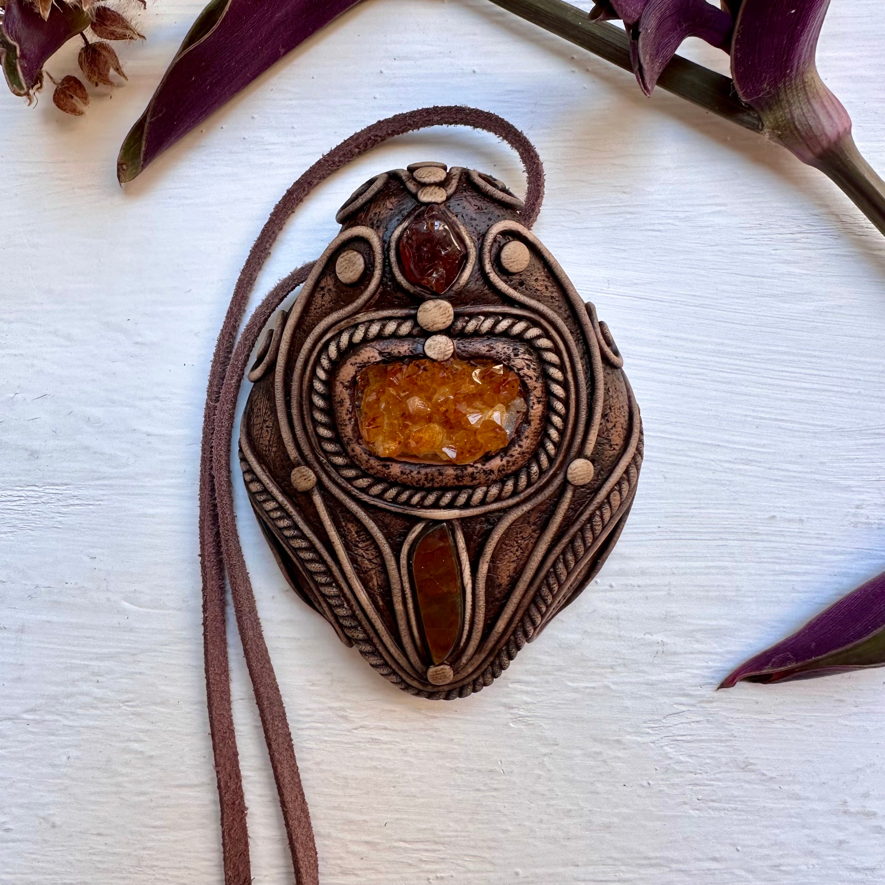 Citrine Cluster Ammolite and Hessonite Garnet Necklace - FairyGardenGlow