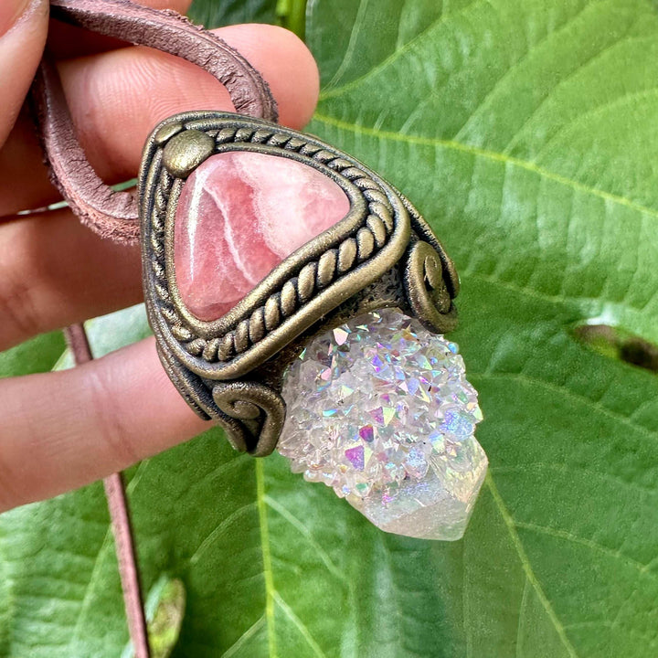 Angel Aura Spirit Quartz and Rhodochrosite Crystal Necklace - FairyGardenGlow