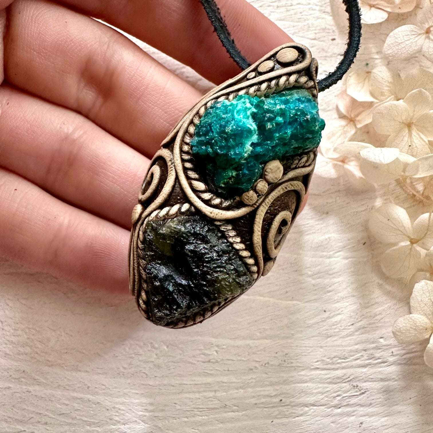 Raw Chrysocolla and Moldavite Pendant Necklace - FairyGardenGlow