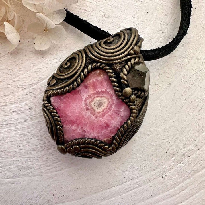 Rhodochrosite and Pyrite Pendant Necklace - FairyGardenGlow