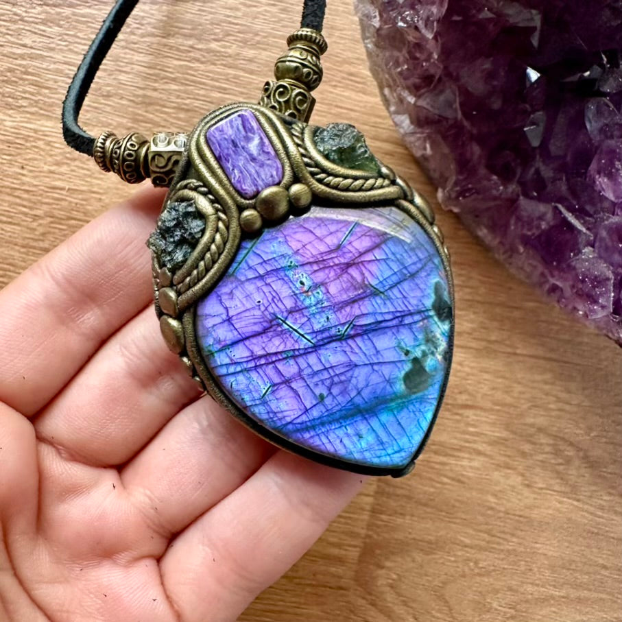 Purple Labradorite Moldavite and Charoite Pendant Necklace, Unique Protection Amulet - FairyGardenGlow