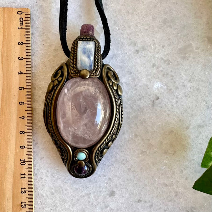 Rose Quartz Amethyst Rainbow Moonstone Ruby and Australian Opal Pendant, Healing Crystal Talisman - FairyGardenGlow