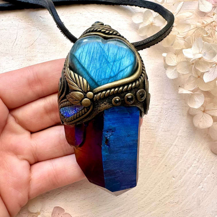Cobalt Aura Quartz, Blue Labradorite Heart, Boulder Opal and Blue Sapphire Crystal Wand / Unique Crystal Pendant - FairyGardenGlow