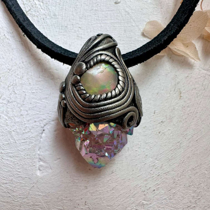 Angel Aura Spirit Quartz and Raw Opal Necklace - FairyGardenGlow