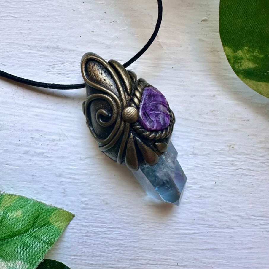Aqua Aura Quartz and Charoite Necklace - FairyGardenGlow