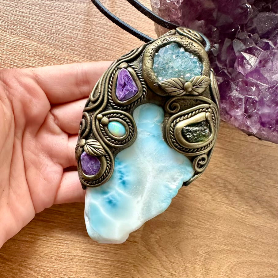 Large Larimar, Aqua Aura Quartz Cluster, Charoite, Australian Opal and Moldavite Healing Crystal Talisman – Spiritual Jewelry for Meditation & Energy Work - FairyGardenGlow