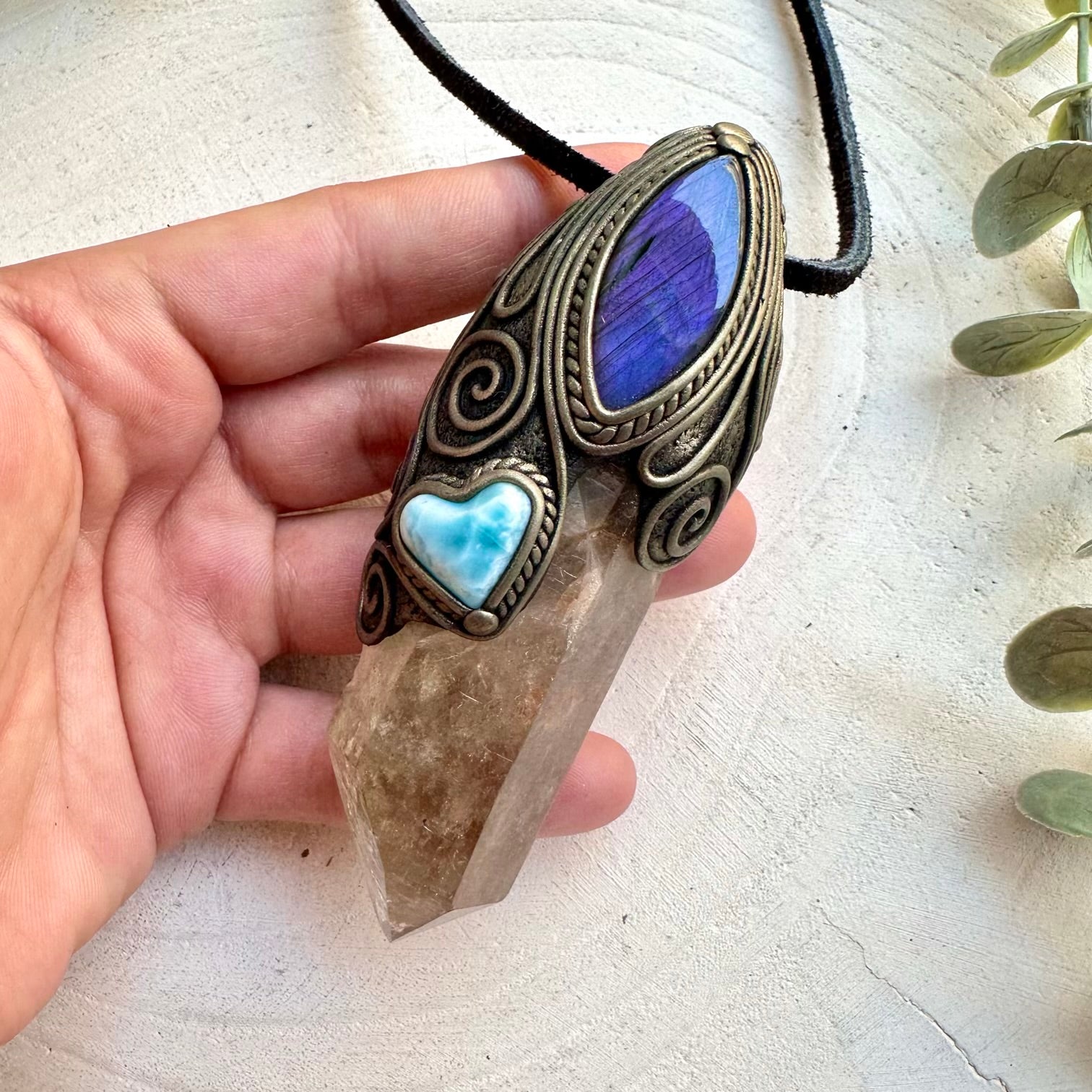 Natural gemstone wand pendant with ocean energy crystals