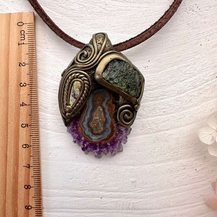 Amethyst Stalactite Moldavite and Boulder Opal Pendant, Handmade Crystal Necklace - FairyGardenGlow