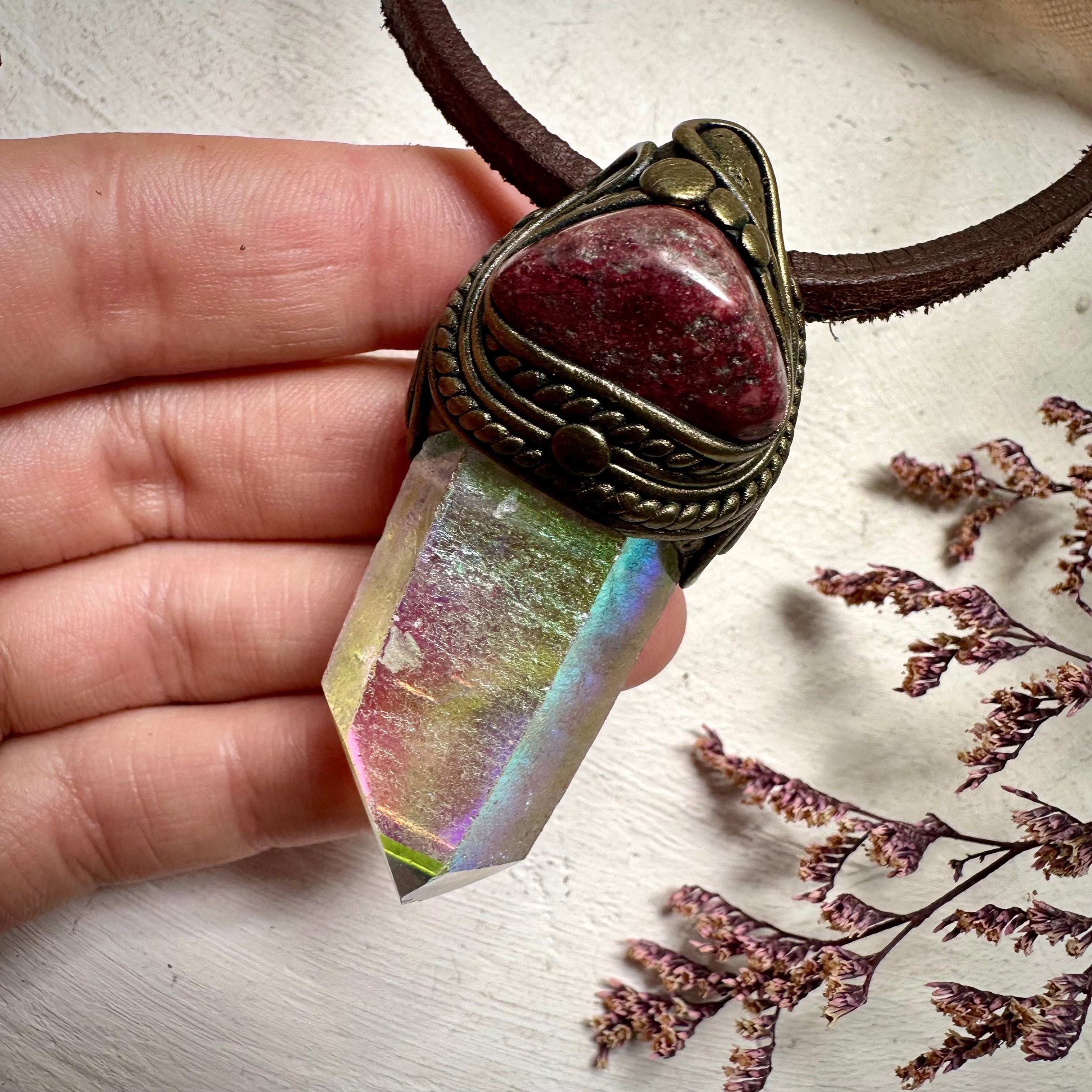 Angel Aura Quartz and Thulite Necklace - FairyGardenGlow