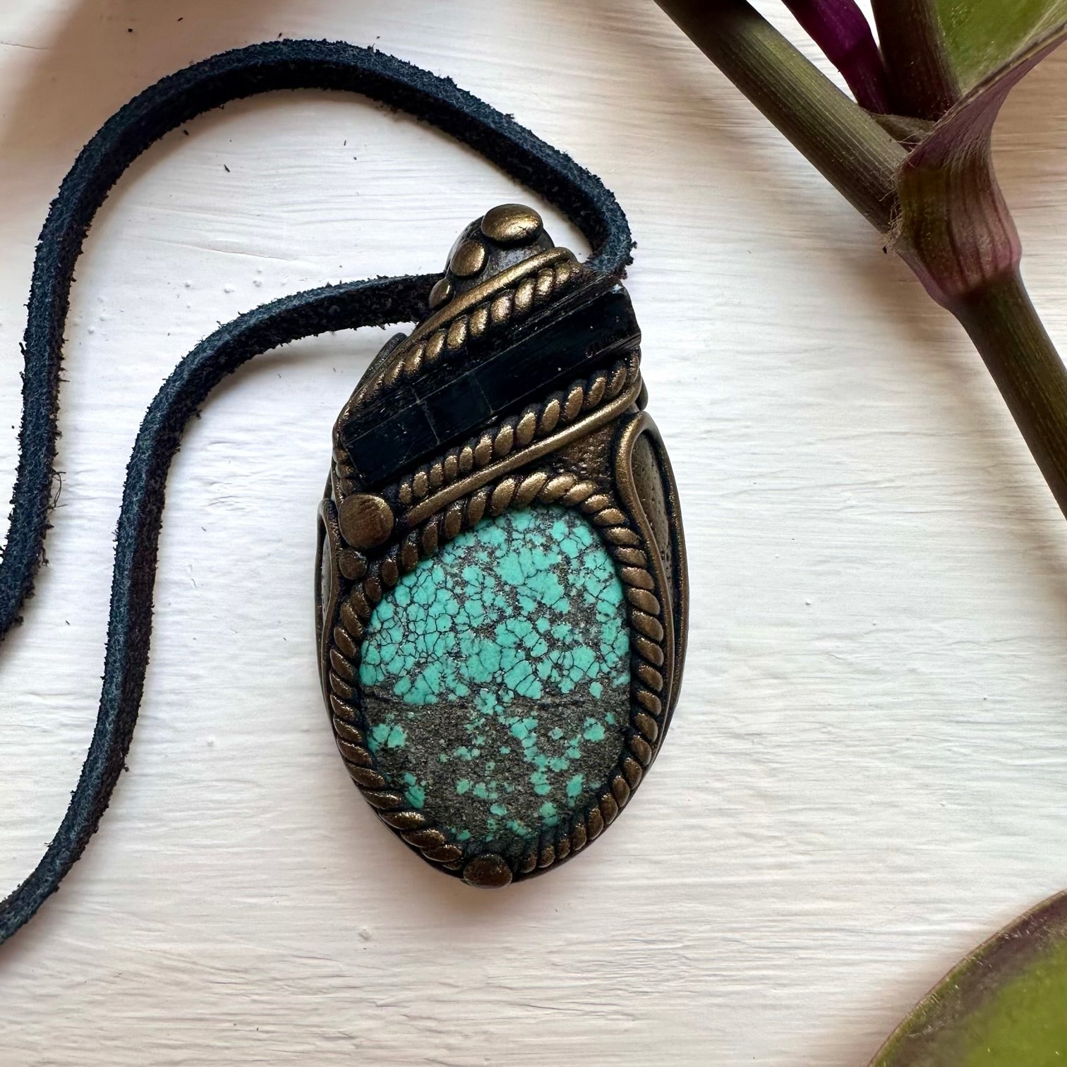 Turquoise and Black Tourmaline Pendant Necklace - FairyGardenGlow