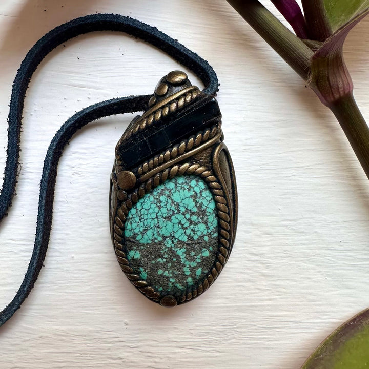 Turquoise and Black Tourmaline Pendant Necklace - FairyGardenGlow
