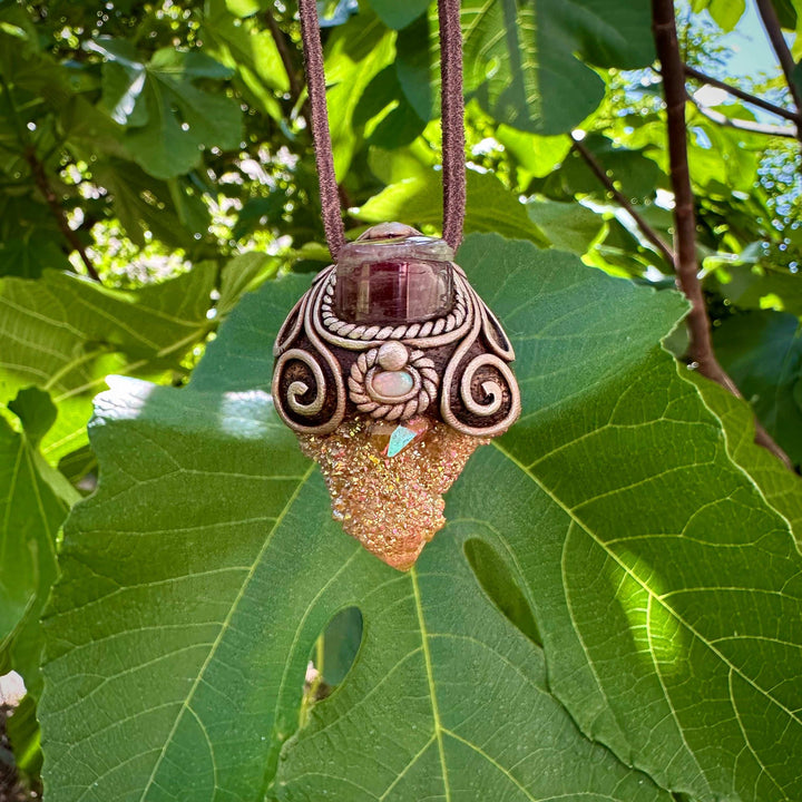 Sunset Aura Spirit Quartz with Bi Color Tourmaline and Australian Opal Necklace - FairyGardenGlow