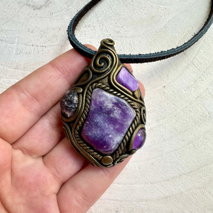 Artisan multi stone necklace with amethyst crystal
