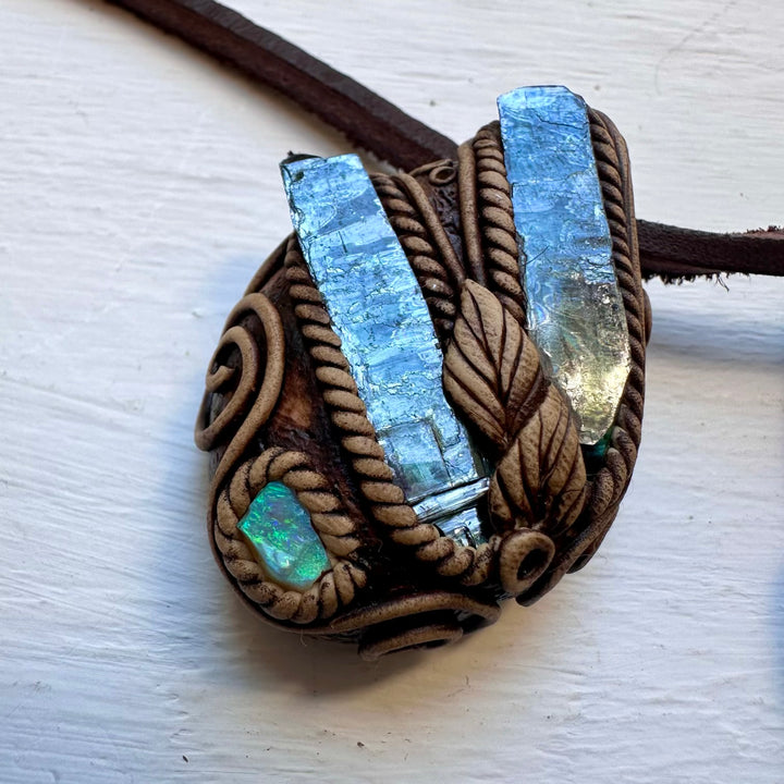 Vivianite and Australian Opal Pendant Necklace - FairyGardenGlow