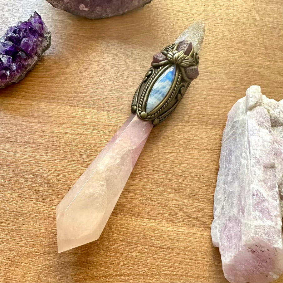 Lavender Fluorite Wand, Rainbow Moonstone, Ruby and Angel Aura Spirit Quartz Crystal Wand - FairyGardenGlow