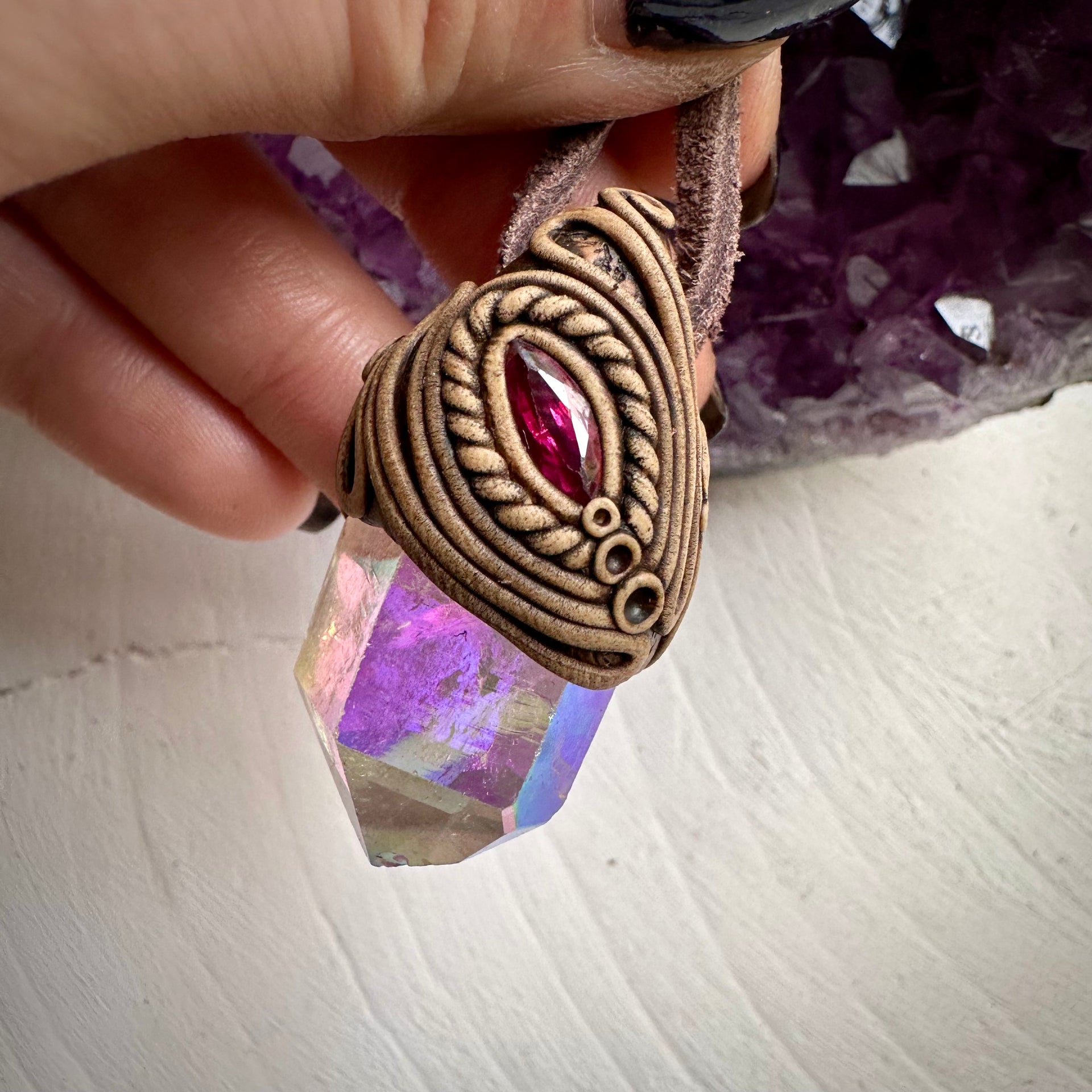 Angel Aura Quartz and Ruby Necklace
