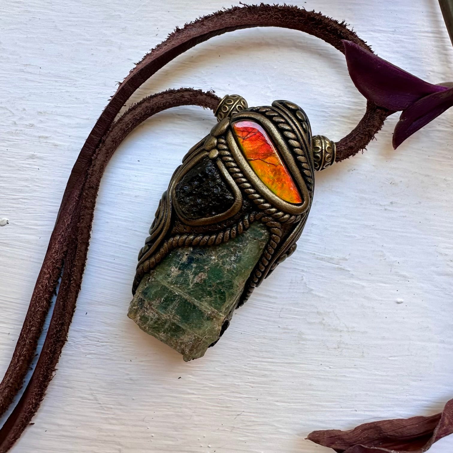 Green Kyanite Ammolite and Moldavite Pendant Necklace - FairyGardenGlow