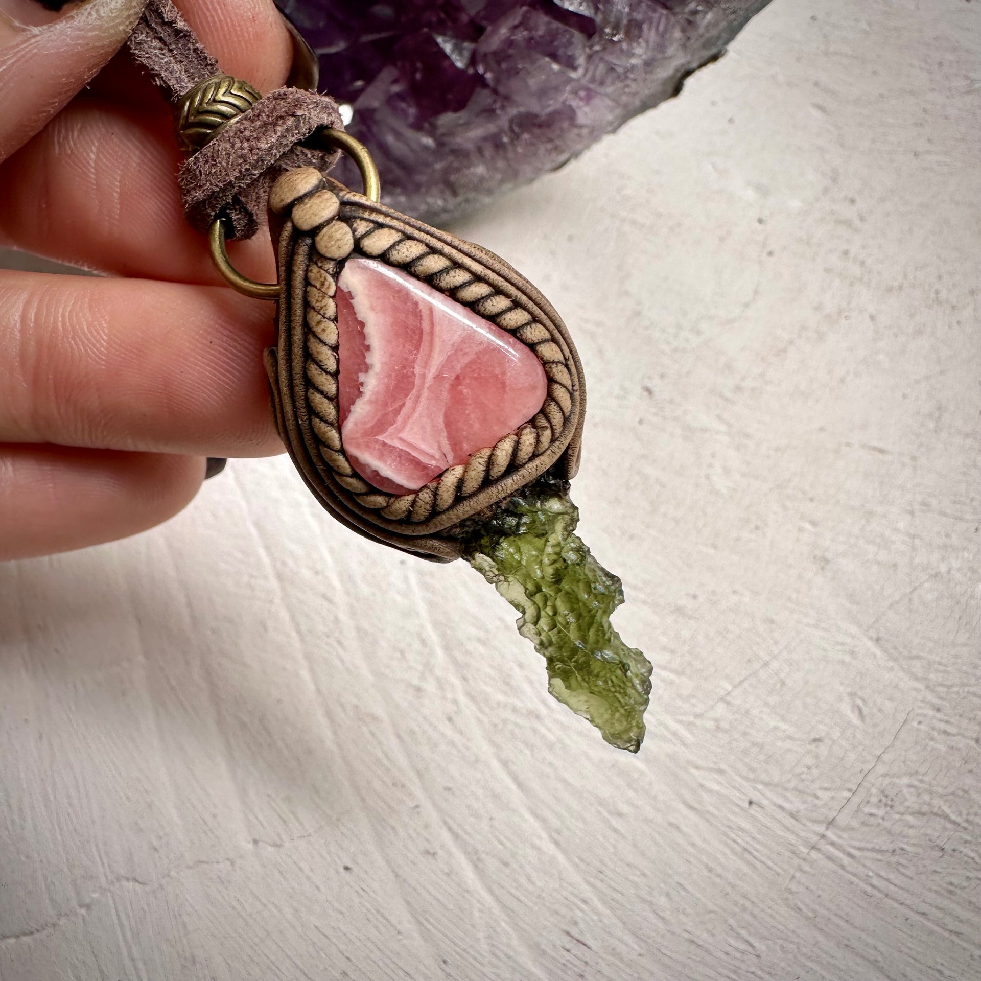 Moldavite and Rhodochrosite Necklace - FairyGardenGlow