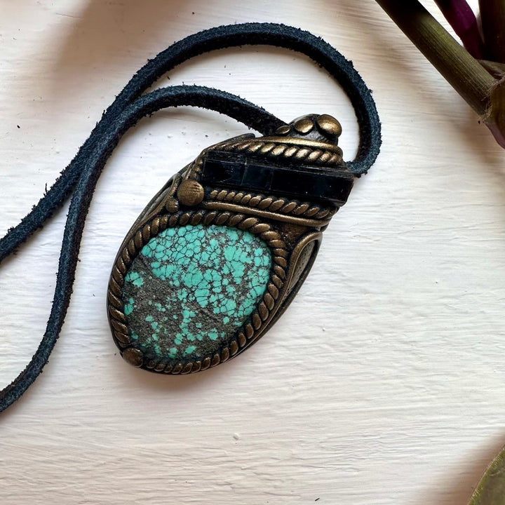 Turquoise and Black Tourmaline Pendant Necklace - FairyGardenGlow